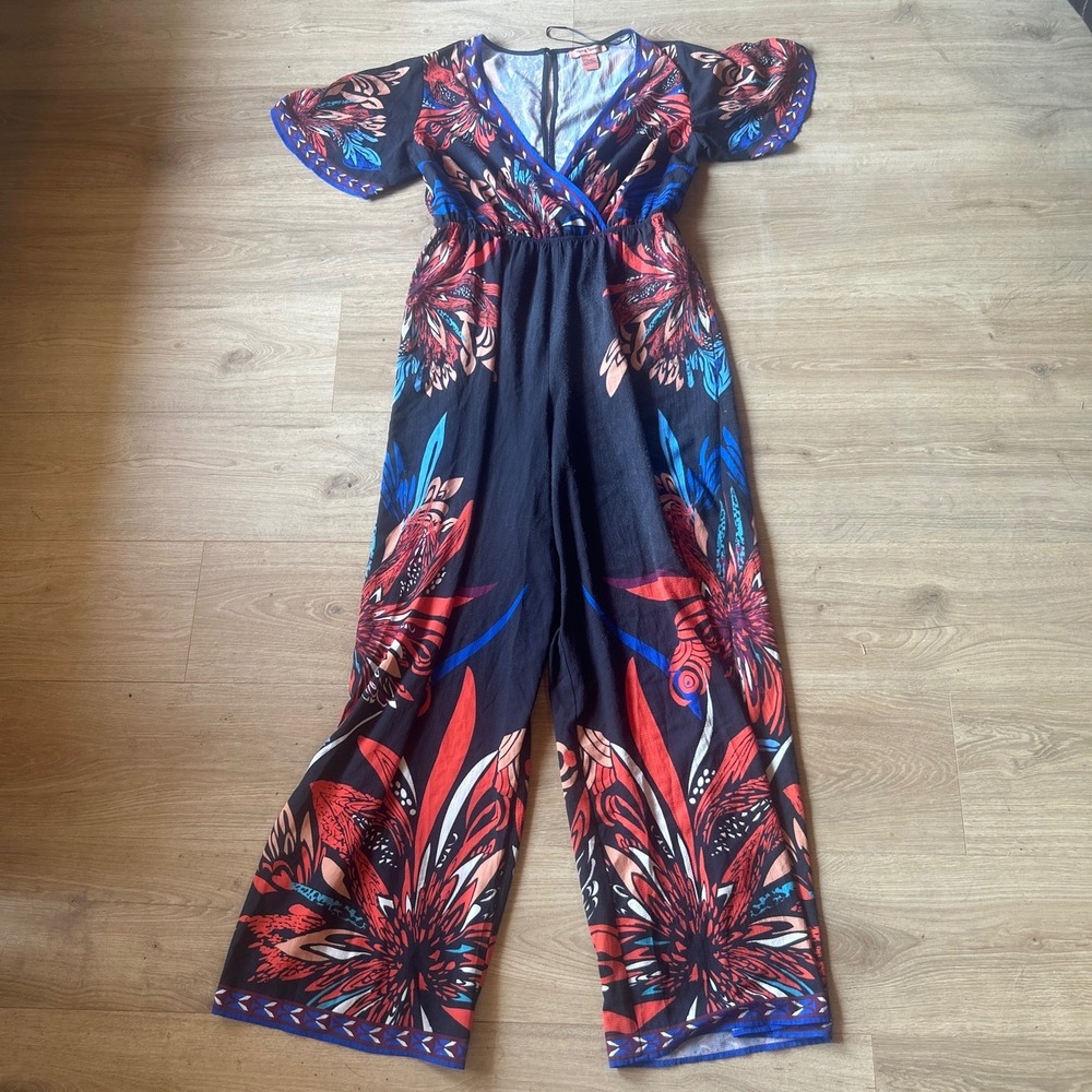 Flying Tomato Womens Floral Wide Leg Jumpsuit V-Neck Flutter Sleeve Black Large